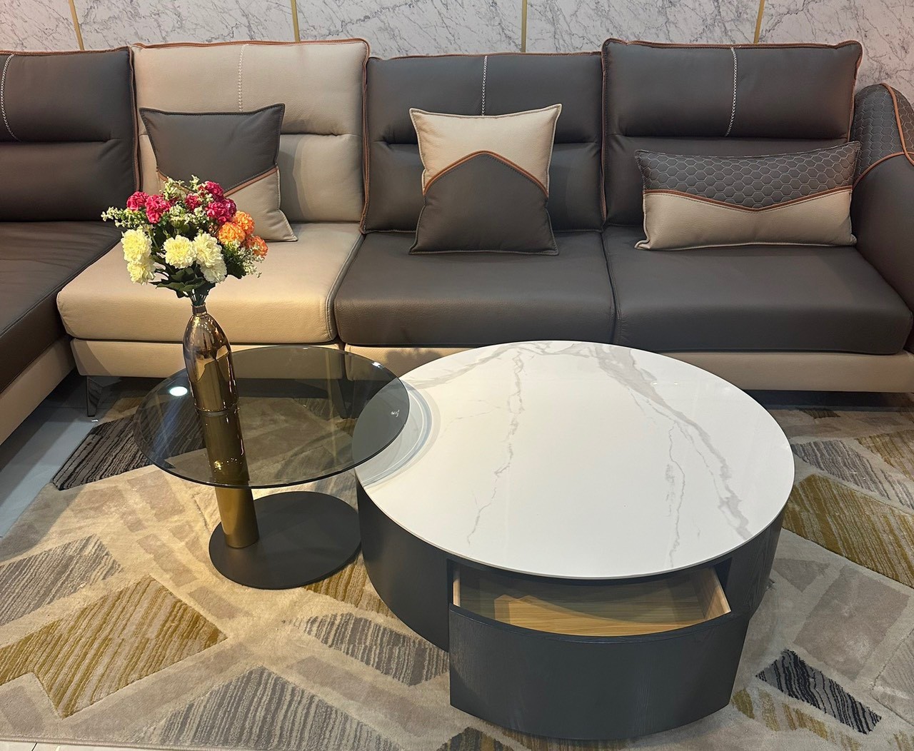 Bàn Sofa Mặt Đá 037S - Bàn Tròn Gỗ, Mặt Đá Cao Cấp